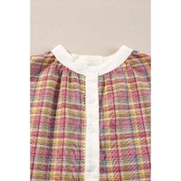 Pink Colorblock Plaid Patchwork Henley Blouse - L thumbnail
