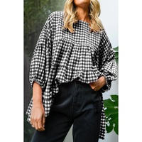 Black Checkered Puff Sleeve Tiered Loose Babydoll Blouse - M thumbnail