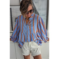 Sky Blue Stripe Crinckled Ruffled Sleeve Button up Loose Shirt - L thumbnail