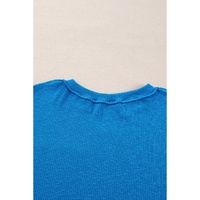 Blue Ribbed Exposed Seam Knit V Neck Long Sleeve Top - L thumbnail