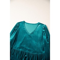 Sea Green Velvet V Neck Peplum Hem Puff Sleeve Blouse - L thumbnail