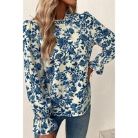 Sky Blue Floral Print Flounce Sleeve Keyhole Back Blouse - S thumbnail