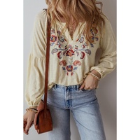 Apricot Paisley Floral Embroidered Notch V Neck Blouse - L thumbnail
