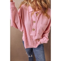 Pink Ribbed Knit Collared Henley Top with Chest Pocket - S thumbnail