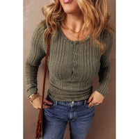 Jungle Green Ribbed Knit Half Button Slim Fit Blouse - L thumbnail