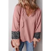 Dusty Pink Floral Patchwork Textured Knit Drawstring V Neck Blouse - L thumbnail