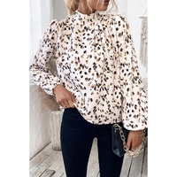 White Leopard Print Lantern Sleeve Mock Neck Pleated Blouse - L thumbnail