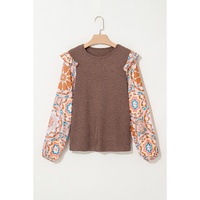Coffee Ruffled Floral Sleeve Patchwork Waffle Knit O Neck Blouse - L thumbnail