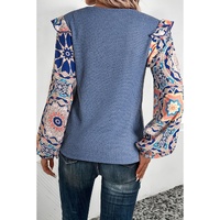 Ashleigh Blue Ruffled Floral Sleeve Patchwork Waffle Knit O Neck Blouse - L thumbnail