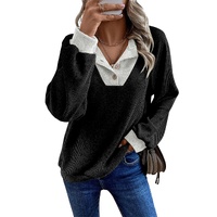 Black Color Contrast Ribbed Loose Fit Long Sleeve Top - S thumbnail