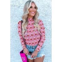Pink Cowgirl Boots Printed Mock Neck Long Sleeve Mesh Top - L thumbnail