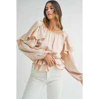 Oatmeal Lace-up Keyhole Back Ruffled Peplum Blouse - L thumbnail