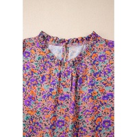 Purple Floral Allover Print Shirred Cuff Frilled O Neck Blouse - L thumbnail