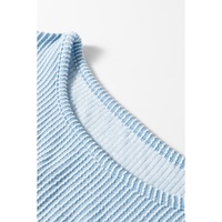 Mist Blue Corded Frilly Puff Sleeve Round Neck Blouse - M thumbnail