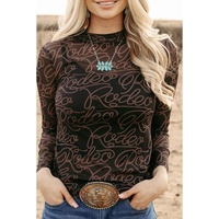 Black Western Rodeo Printed Mock Neck Long Sleeve Mesh Top - L thumbnail