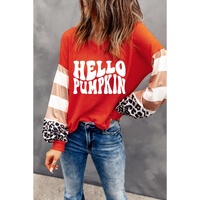 Red Hello Pumpkin Graphic Leopard Striped Colorblock Sleeve V Neck Top - S thumbnail