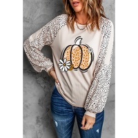 Khaki Leopard Raglan Long Sleeve Floral Pumpkin Graphic Top - L thumbnail