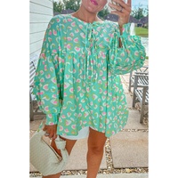Green Abstract Printed Lace-up Lantern Sleeve Babydoll Blouse - L thumbnail
