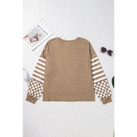 Khaki Checkerboard Striped Patchwork Lantern Sleeve Pocketed Blouse - L thumbnail