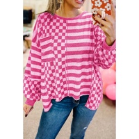 Rose Red Checkerboard Striped Patchwork Lantern Sleeve Pocketed Blouse - L thumbnail