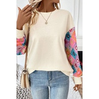 Apricot Geometric Printed Patchwork Long Sleeve Round Neck Top - M thumbnail