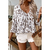 Khaki Leopard Print Ruched V Neck 3/4 Sleeve Blouse - S thumbnail