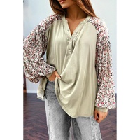 Meadow Mist Green Contrast Printed Bubble Sleeve Henley Loose Top with Slits - L thumbnail