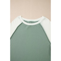 Mint Green Ribbed Colorblock Patchwork Raglan Long Sleeve Top - L thumbnail