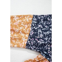 Blue Floral Color Block Patchwork Ruffled Hem Round Neck Blouse - 2XL thumbnail