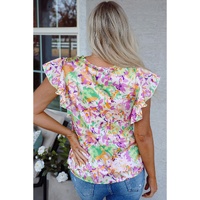 Purple Abstract Printed Ruffled Short Sleeve Notched Neck Blouse - L thumbnail