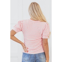 Pink Stripe Textured Puff Sleeve Crewneck Top - L thumbnail