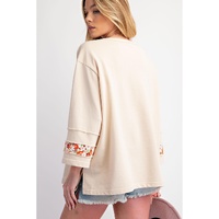 Beige Flower Patch Graphic Exposed Seam Wide Sleeve Top - L thumbnail