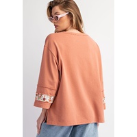 Grapefruit Orange Flower Patch Graphic Exposed Seam Wide Sleeve Top - 2XL thumbnail