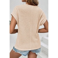 Oatmeal Lace Patchwork Waffle Short Sleeve Top - M thumbnail