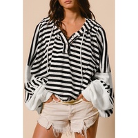 Black white Oversized Striped Henley Buttons Dolman Sleeve Hooded Top - L thumbnail