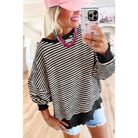 Black Stripe Loose Drop Shoulder Long Sleeve Top - 2XL thumbnail