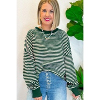 Green Stripe Loose Drop Shoulder Long Sleeve Top - 2XL thumbnail