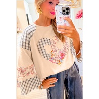 Beige Plaid Floral Peace Heart Graphic Wide Long Sleeve Top - L thumbnail