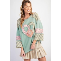 Clearly Aqua Plaid Floral Peace Heart Graphic Wide Long Sleeve Top - L thumbnail