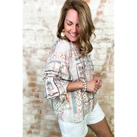 Multicolour Boho Floral Patched Ruffled Sleeve Tied Neck Blouse - S thumbnail