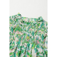 Green Leafy Printed Flounce Sleeve Shirred Mock Neck Blouse - L thumbnail