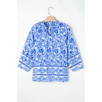 Blue Boho Printed 3/4 Sleeve Tied Neck Blouse - L thumbnail