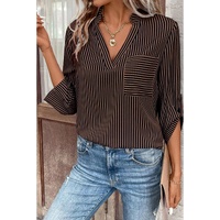 Brown Stripe V Neck Roll Up Sleeve Pocket Patched Classic Shirt - L thumbnail