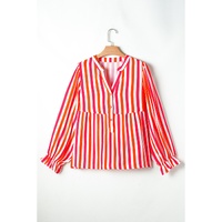Orange Stripe Balloon Sleeve Notched V Neck Buttoned Front Blouse - L thumbnail