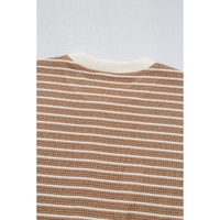 Khaki Stripe Patched Edge Textured Round Neck Long Sleeve Top - L thumbnail