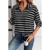 Black Stripe Textured Quarter Zip Collar Long Sleeve Top - L thumbnail