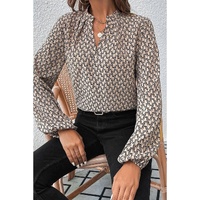 Khaki Geometric Print Notched Neck Puff Sleeve Blouse - L thumbnail