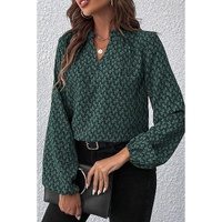 Green Geometric Print Notched Neck Puff Sleeve Blouse - L thumbnail