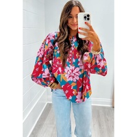 Red Floral Printed Balloon Sleeve Half Buttons Blouse - L thumbnail
