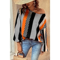 Orange Polka Dot Vertical Striped Printed Puff Sleeve Blouse - L thumbnail